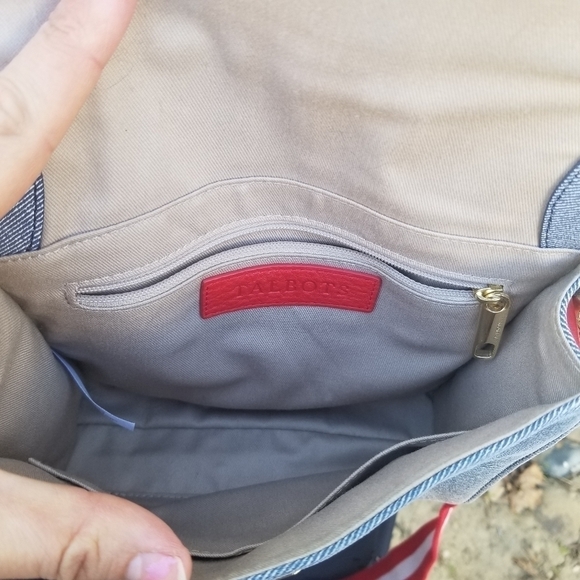 Talbot's denim look purse with red strap and removable crossbody - Picture 6 of 8